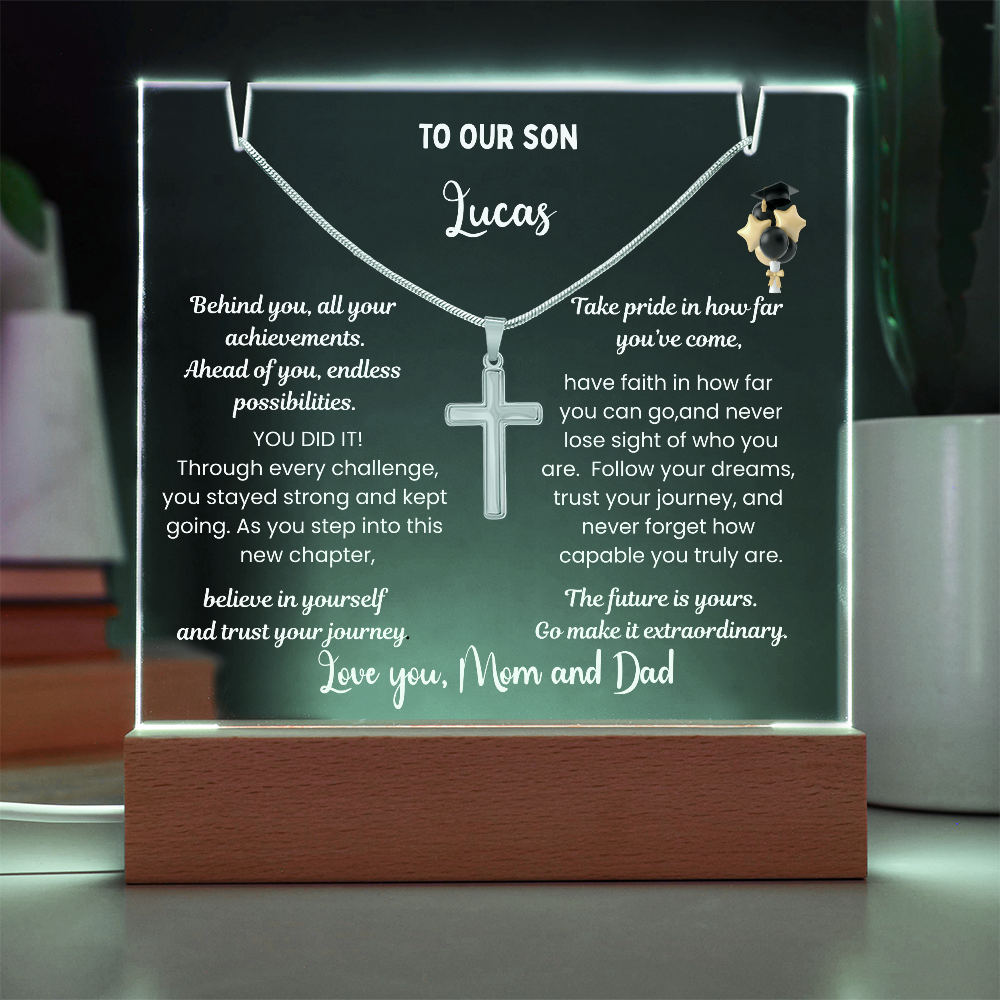 class of 2026 Graduation Gift for son, Personalized LED Acrylic Plaque with Cross Necklace, graduate college high school, grad present.