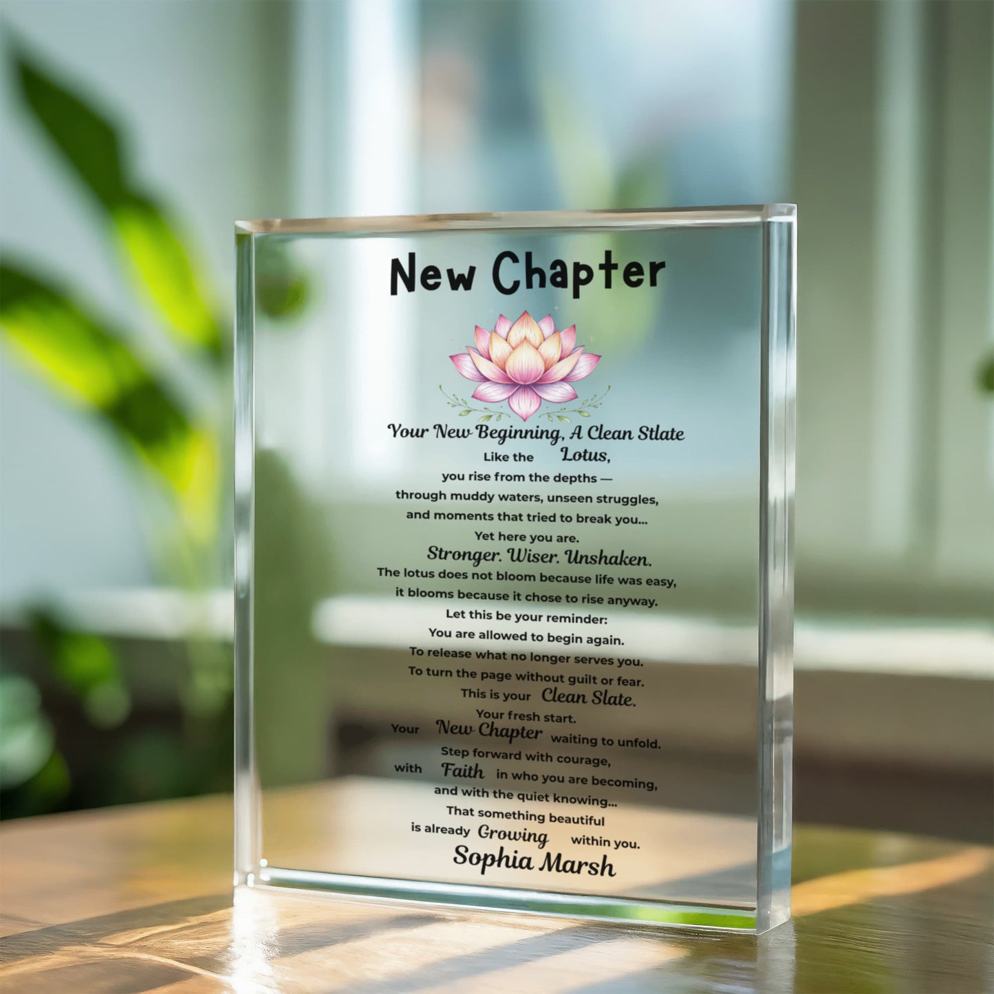 Personalized acrylic plaque new chapter gift, Lotus Flower New Beginnings Divorce gift Clean Slate gift New Job Gift Breake up gift for him her strength gift
