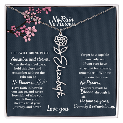 No Rain No Flower name necklace, Personalized Birth flower pendant, Gift for Granddaughter, Daughter or Niece, Meaningful gift for her.