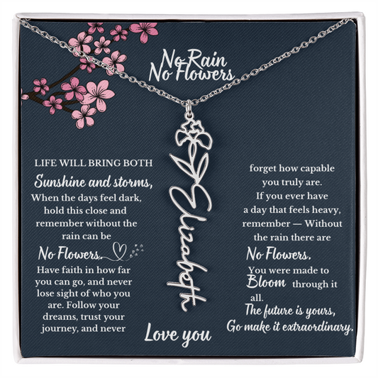 No Rain No Flower name necklace, Personalized Birth flower pendant, Gift for Granddaughter, Daughter or Niece, Meaningful gift for her.