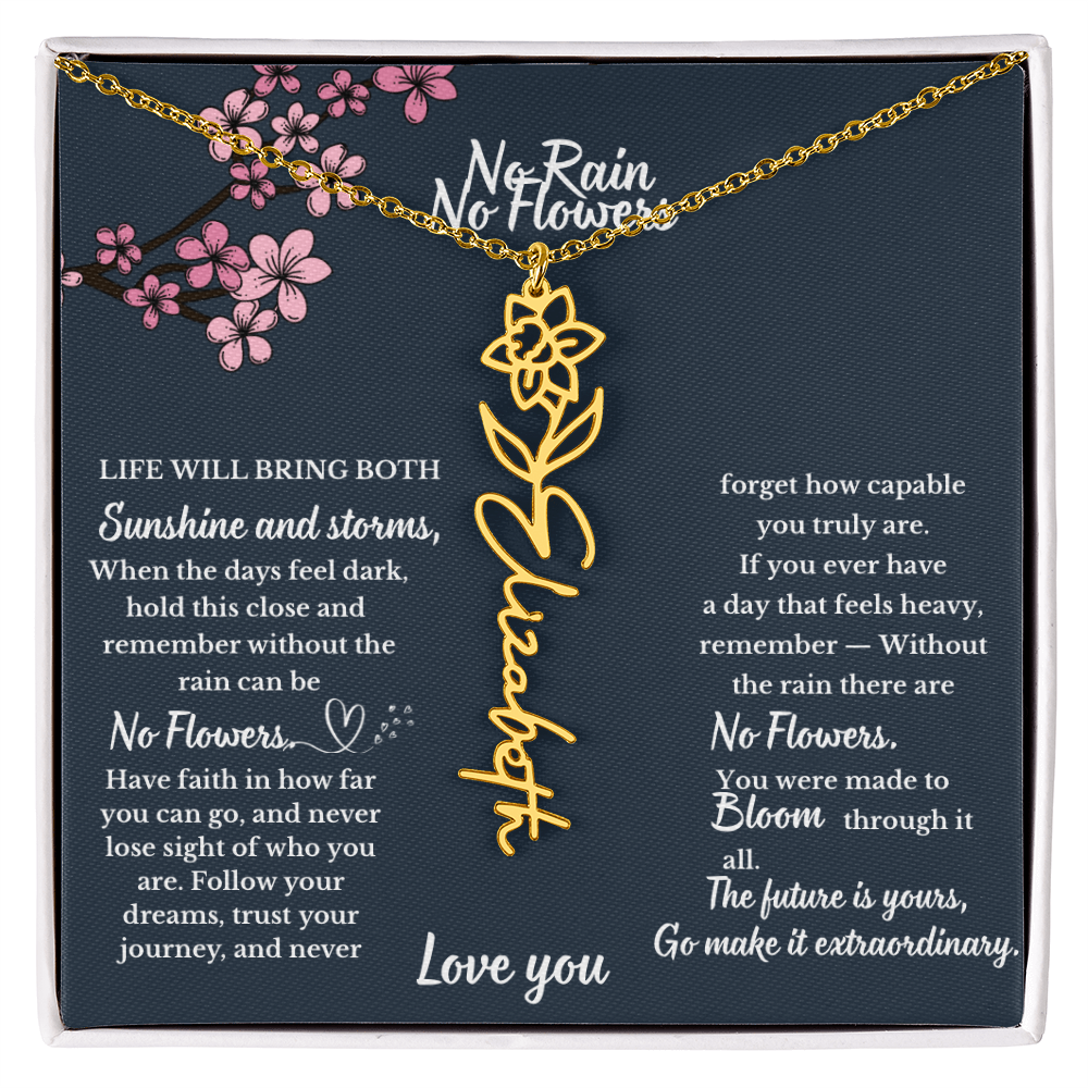 No Rain No Flower name necklace, Personalized Birth flower pendant, Gift for Granddaughter, Daughter or Niece, Meaningful gift for her.