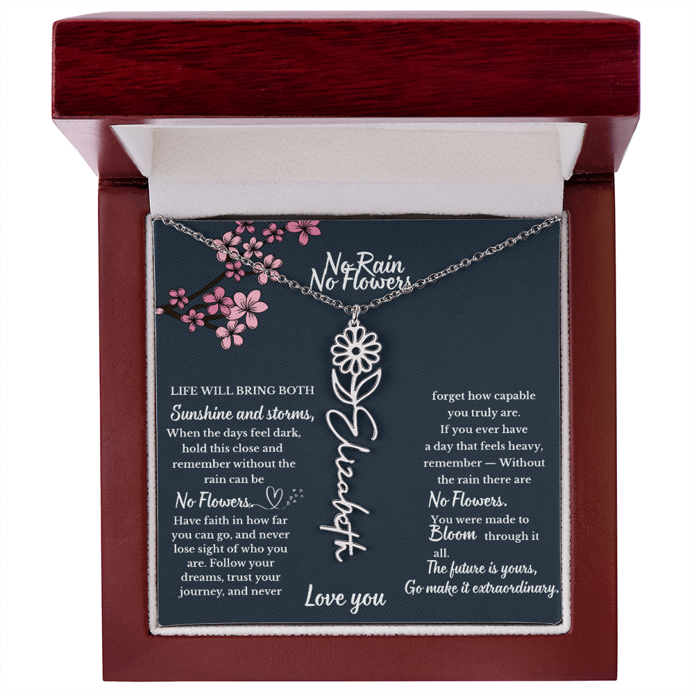 No Rain No Flower name necklace, Personalized Birth flower pendant, Gift for Granddaughter, Daughter or Niece, Meaningful gift for her.