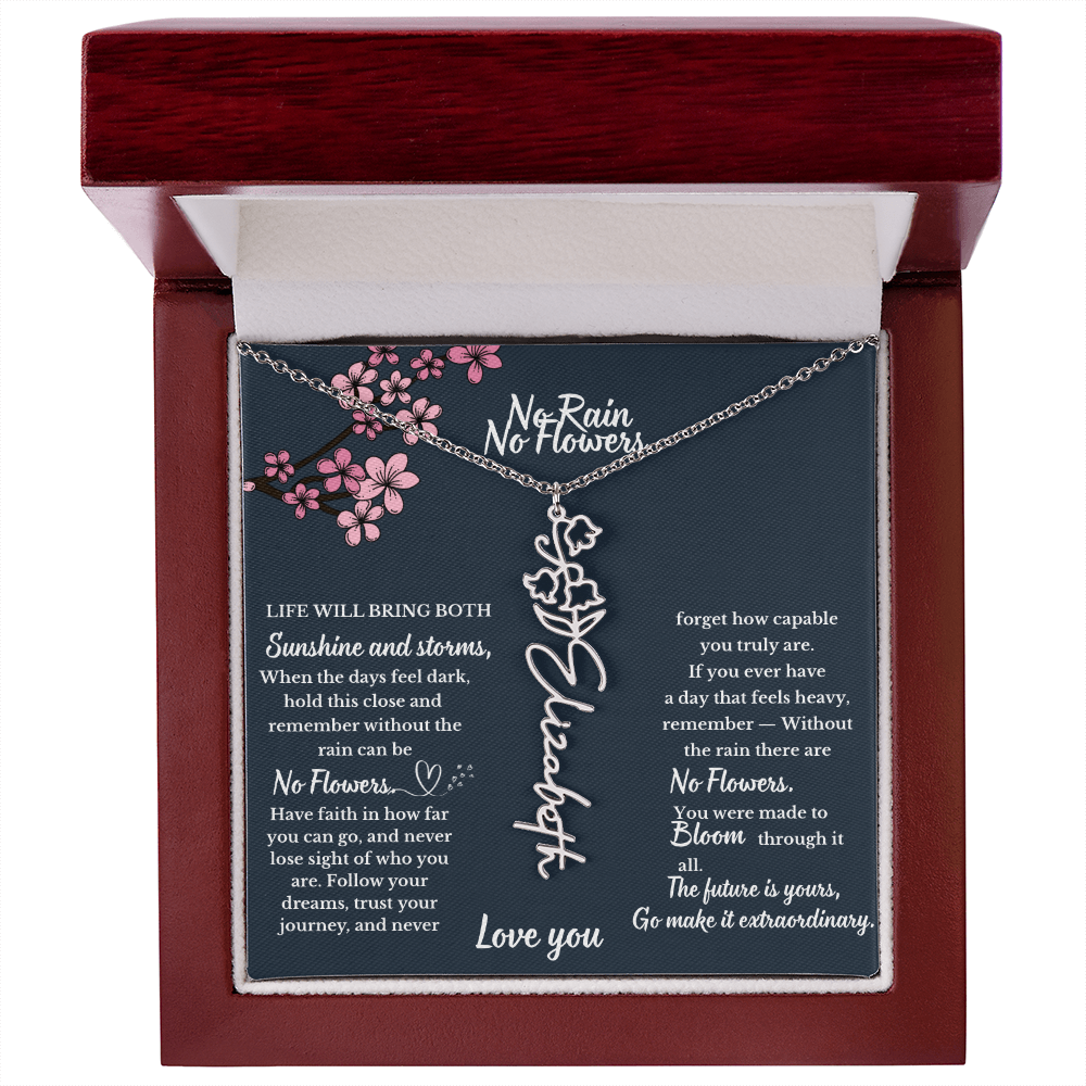 No Rain No Flower name necklace, Personalized Birth flower pendant, Gift for Granddaughter, Daughter or Niece, Meaningful gift for her.