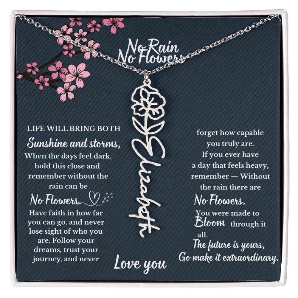 No Rain No Flower name necklace, Personalized Birth flower pendant, Gift for Granddaughter, Daughter or Niece, Meaningful gift for her.