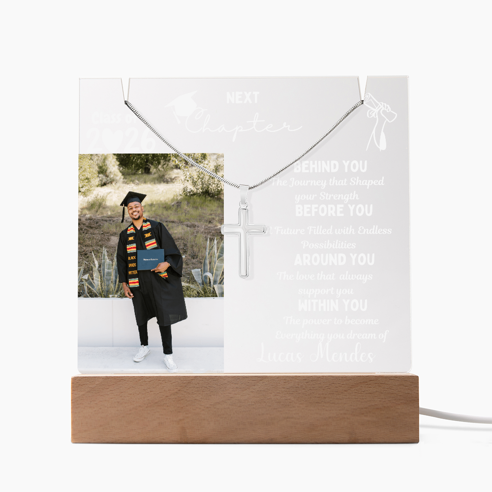 Stainless steel cross necklace for grandson, Personalized plaque class of 2026, graduate present, College High School Grad, From Grandparents Graduation gift.