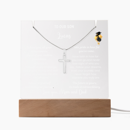 class of 2026 Graduation Gift for son, Personalized LED Acrylic Plaque with Cross Necklace, graduate college high school, grad present.