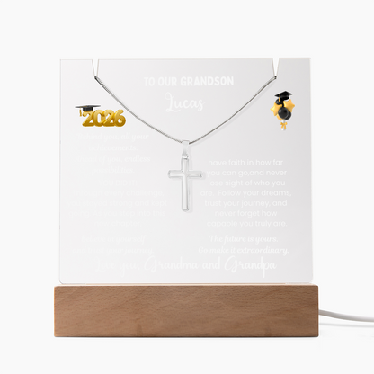 Personalized LED Acrylic Plaque with Cross Necklace, Class of 2026 graduation gift for Grandson, graduate present, grad college high school jewelry.
