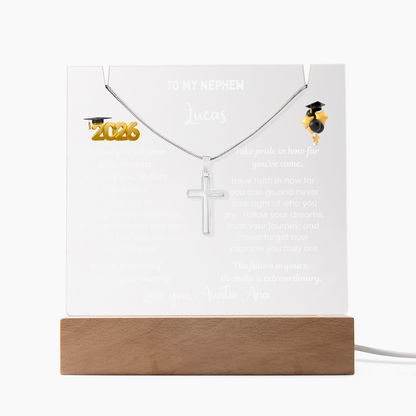 Steel cross necklace for nephew, graduation gift from aunt, personalized plaque class of 2026, graduate college high school, grad present