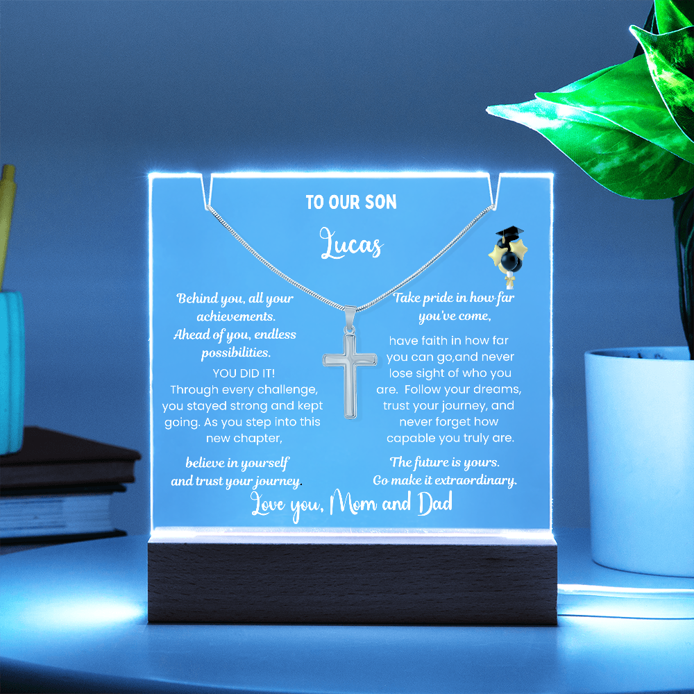 class of 2026 Graduation Gift for son, Personalized LED Acrylic Plaque with Cross Necklace, graduate college high school, grad present.
