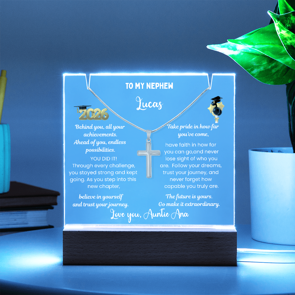 Steel cross necklace for nephew, graduation gift from aunt, personalized plaque class of 2026, graduate college high school, grad present