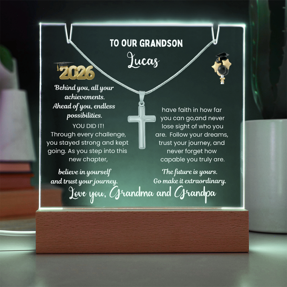 Personalized LED Acrylic Plaque with Cross Necklace, Class of 2026 graduation gift for Grandson, graduate present, grad college high school jewelry.