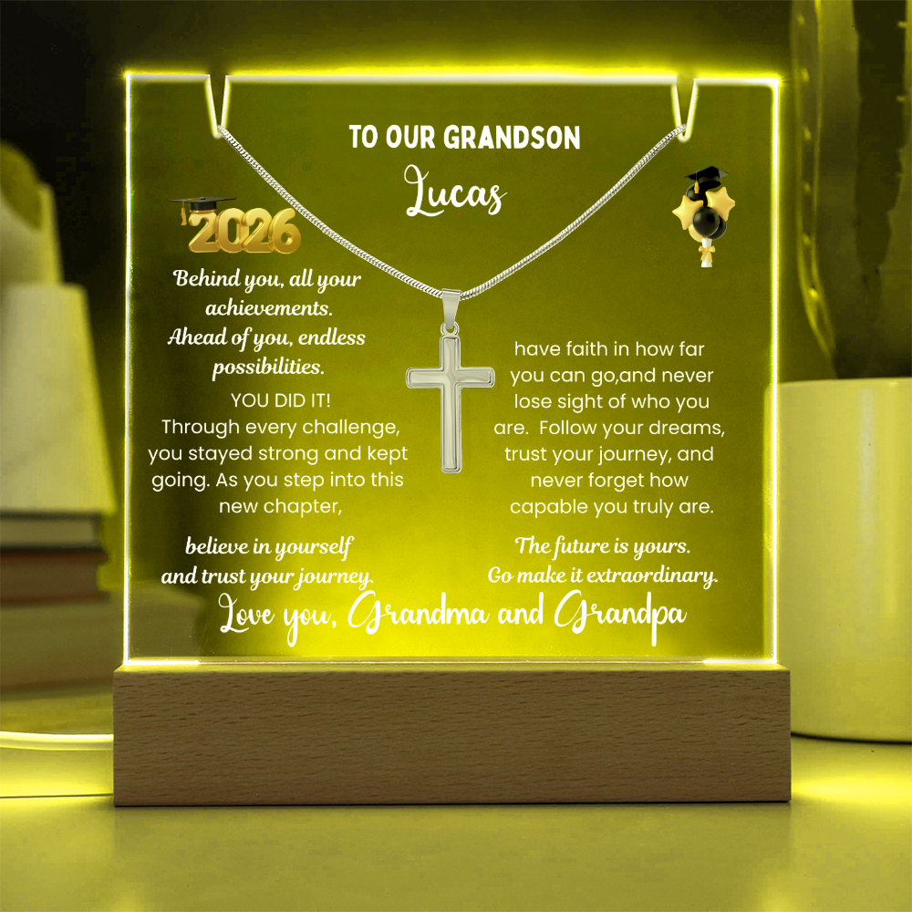 Personalized LED Acrylic Plaque with Cross Necklace, Class of 2026 graduation gift for Grandson, graduate present, grad college high school jewelry.