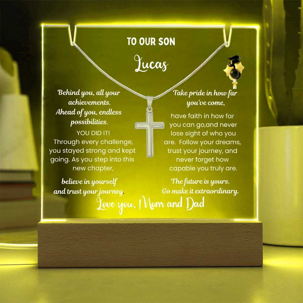 class of 2026 Graduation Gift for son, Personalized LED Acrylic Plaque with Cross Necklace, graduate college high school, grad present.