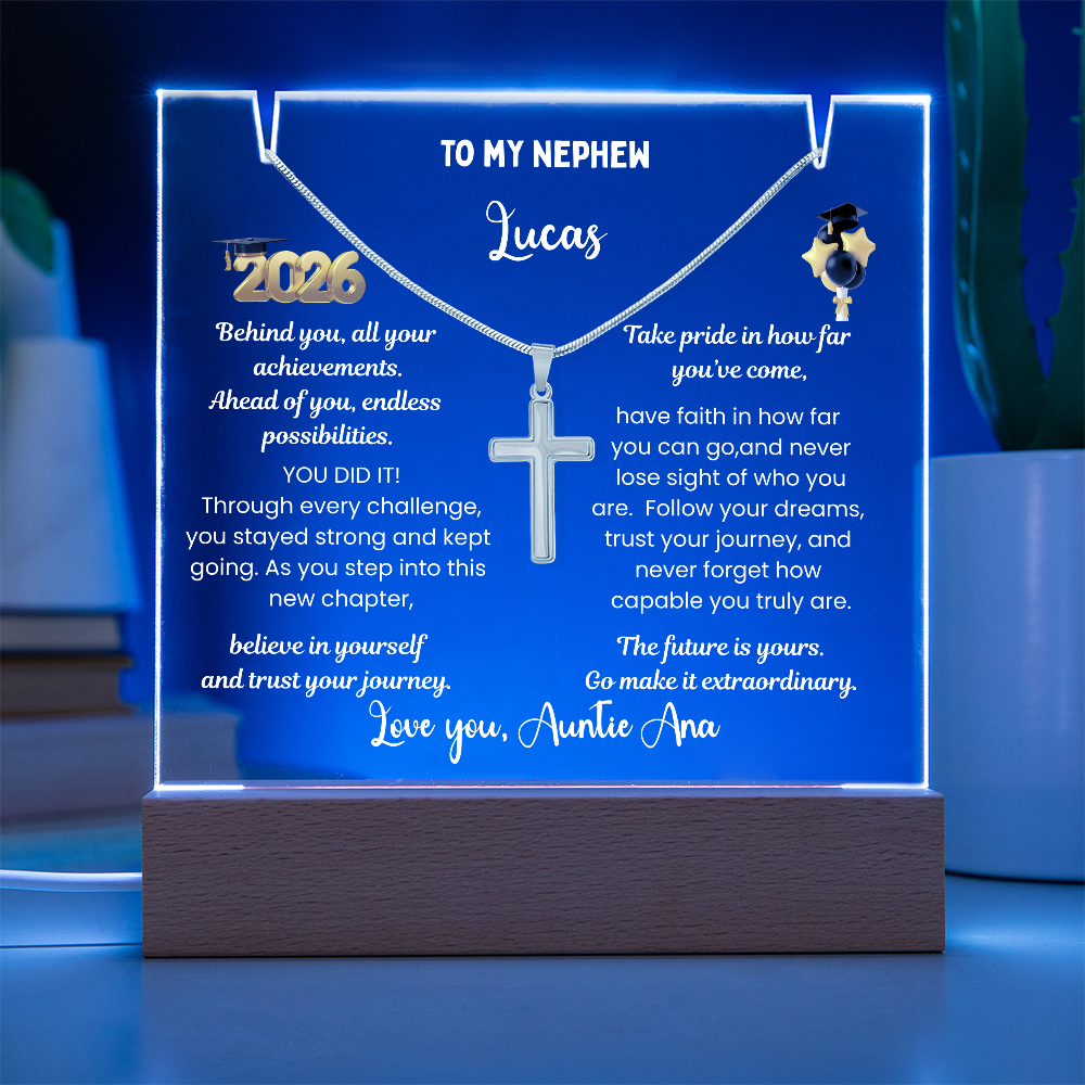 Steel cross necklace for nephew, graduation gift from aunt, personalized plaque class of 2026, graduate college high school, grad present