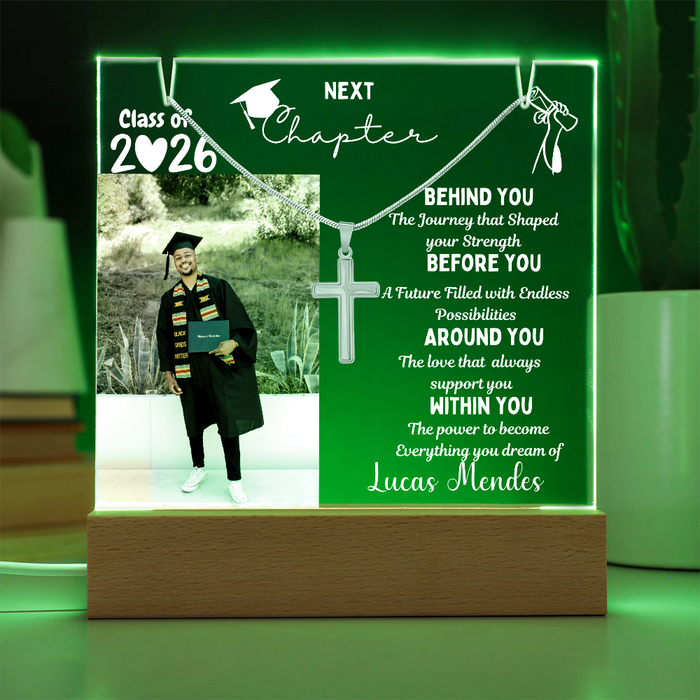 Personalized steel cross necklace for nephew, Personalized plaque class of 2026, graduation gift from Aunt, graduate present, College High School Grad.