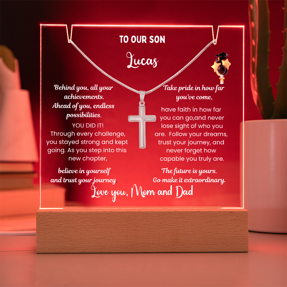 class of 2026 Graduation Gift for son, Personalized LED Acrylic Plaque with Cross Necklace, graduate college high school, grad present.