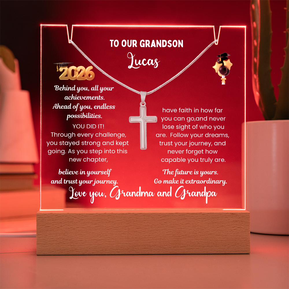 Personalized LED Acrylic Plaque with Cross Necklace, Class of 2026 graduation gift for Grandson, graduate present, grad college high school jewelry.