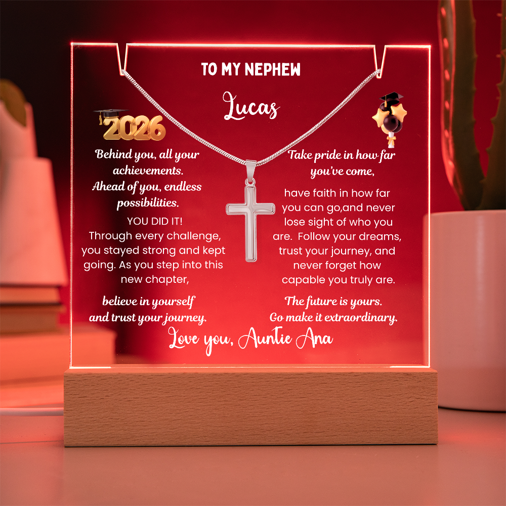 Steel cross necklace for nephew, graduation gift from aunt, personalized plaque class of 2026, graduate college high school, grad present