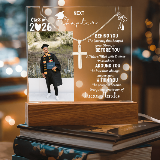 Personalized plaque class of 2026 with photo & cross necklace, graduation gift for son from parents, graduate present, college High School Grad.