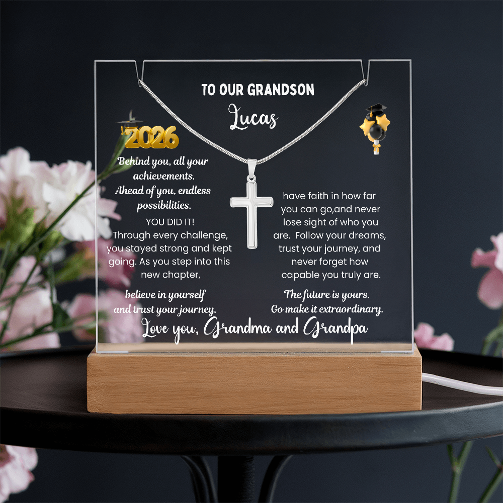 Personalized LED Acrylic Plaque with Cross Necklace, Class of 2026 graduation gift for Grandson, graduate present, grad college high school jewelry.