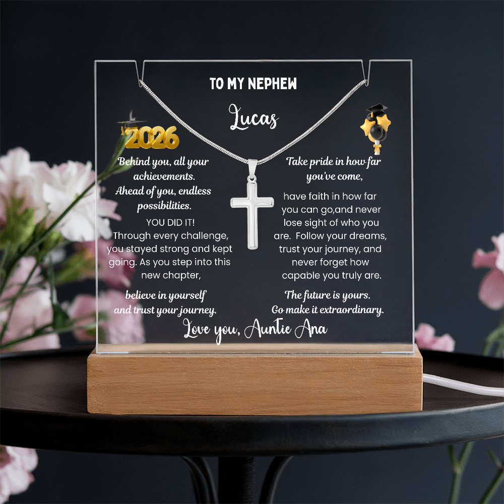 Steel cross necklace for nephew, graduation gift from aunt, personalized plaque class of 2026, graduate college high school, grad present