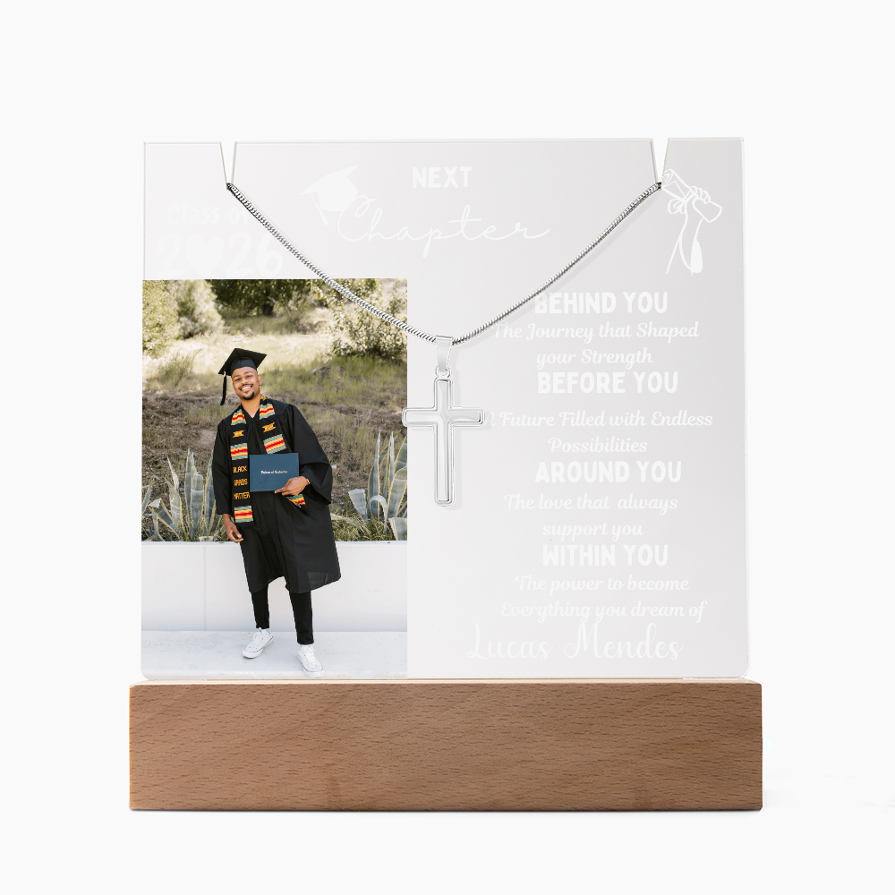 Stainless steel cross necklace for grandson, Personalized plaque class of 2026, graduate present, College High School Grad, From Grandparents Graduation gift.