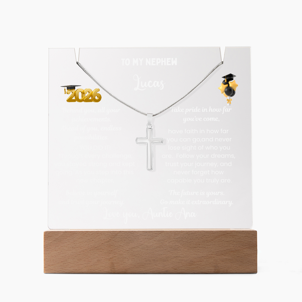 Steel cross necklace for nephew, graduation gift from aunt, personalized plaque class of 2026, graduate college high school, grad present