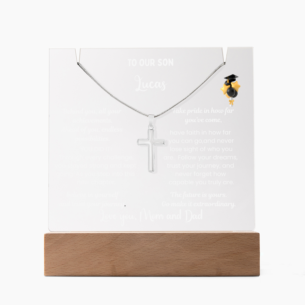 class of 2026 Graduation Gift for son, Personalized LED Acrylic Plaque with Cross Necklace, graduate college high school, grad present.