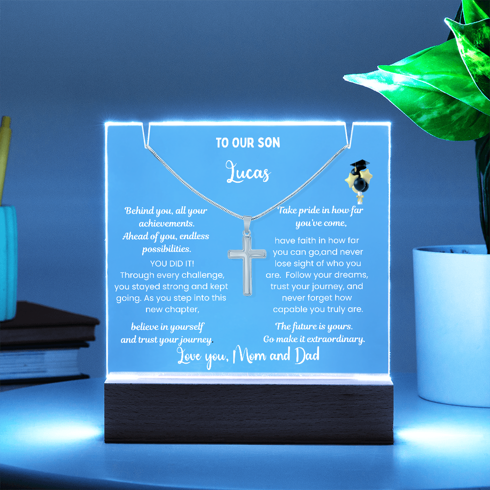 class of 2026 Graduation Gift for son, Personalized LED Acrylic Plaque with Cross Necklace, graduate college high school, grad present.