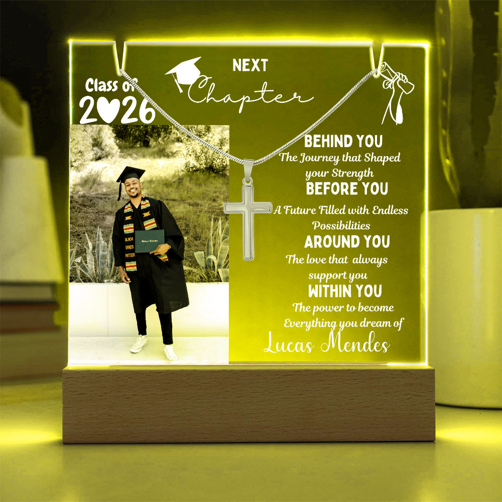 Personalized plaque class of 2026 with photo & cross necklace, graduation gift for son from parents, graduate present, college High School Grad.