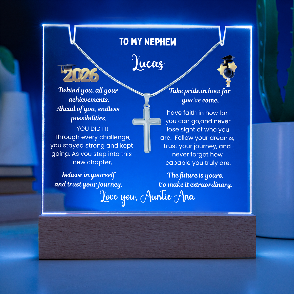 Steel cross necklace for nephew, graduation gift from aunt, personalized plaque class of 2026, graduate college high school, grad present