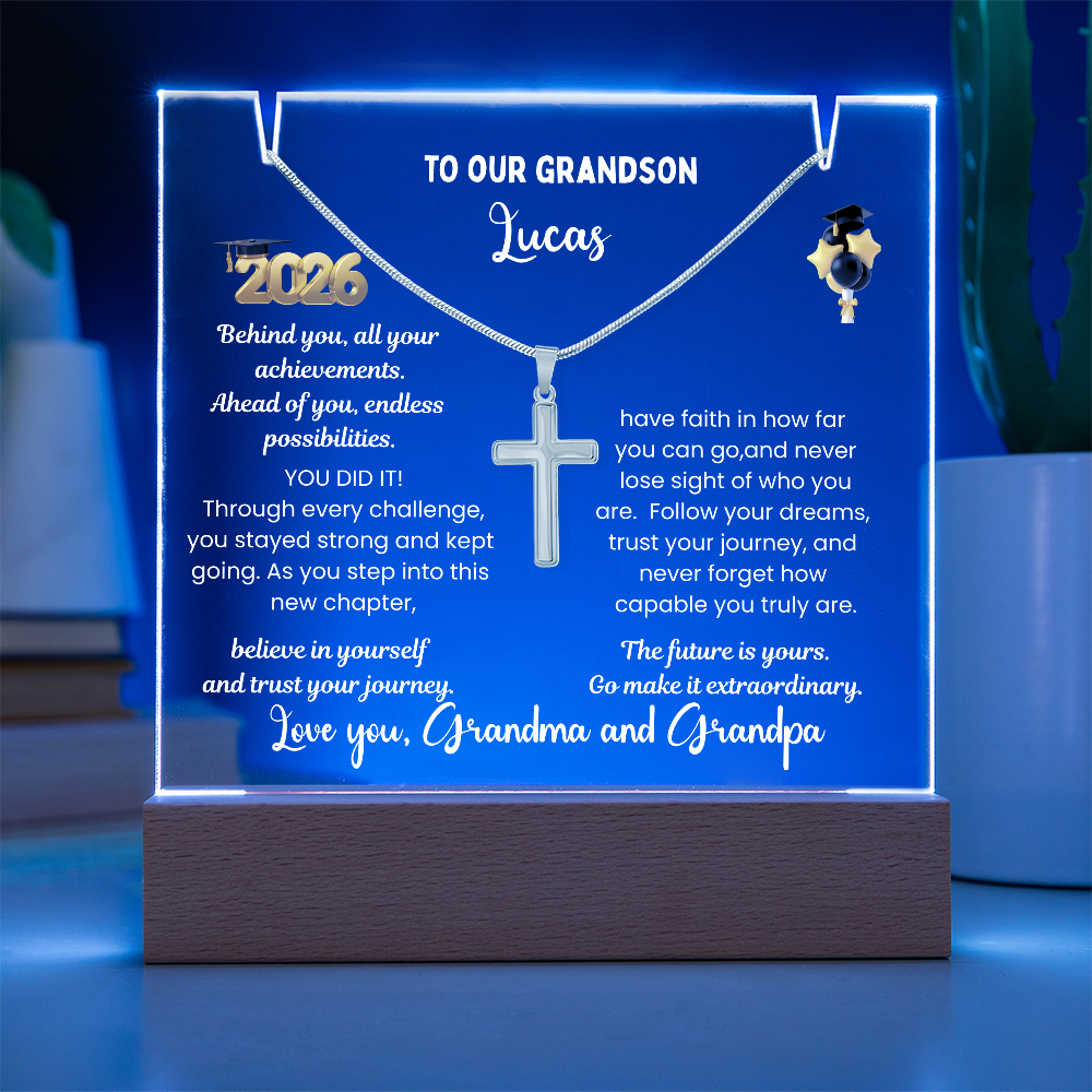 Personalized LED Acrylic Plaque with Cross Necklace, Class of 2026 graduation gift for Grandson, graduate present, grad college high school jewelry.