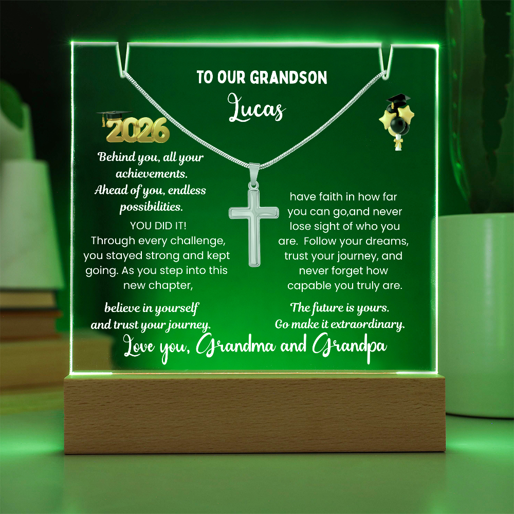 Personalized LED Acrylic Plaque with Cross Necklace, Class of 2026 graduation gift for Grandson, graduate present, grad college high school jewelry.