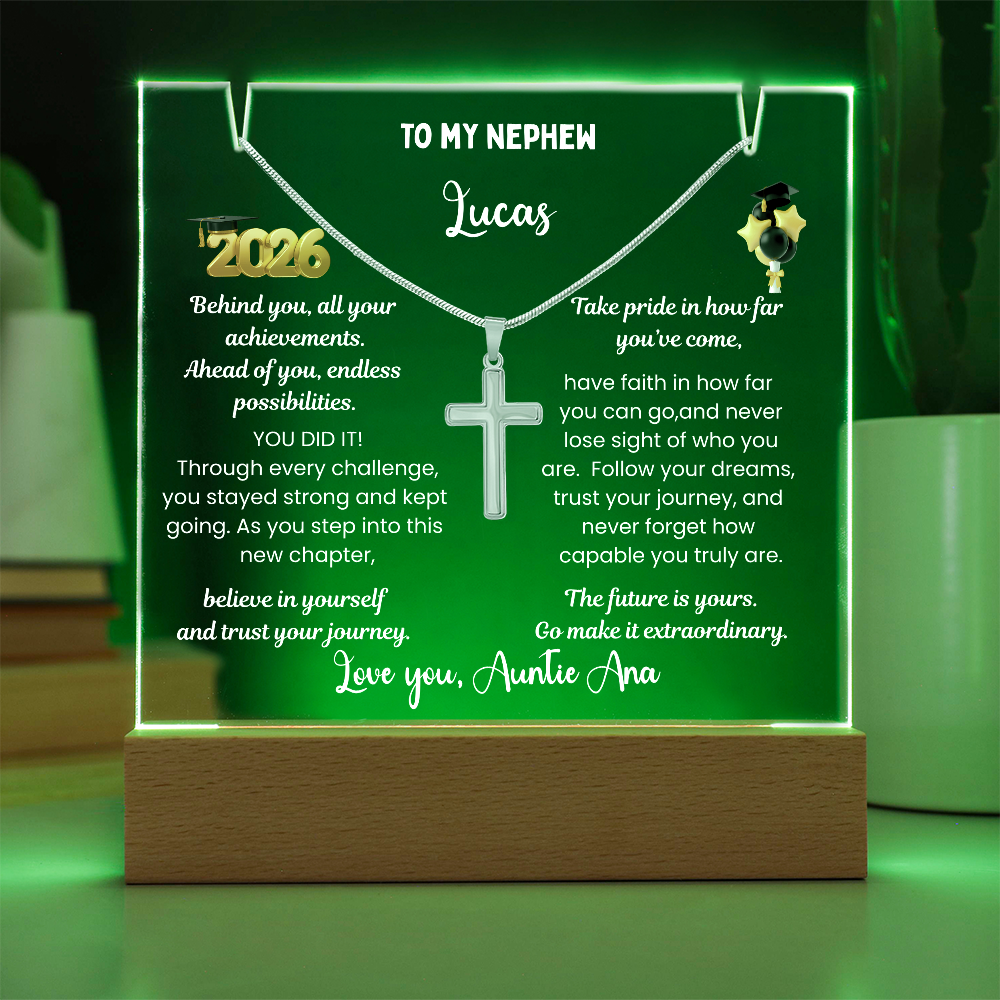 Steel cross necklace for nephew, graduation gift from aunt, personalized plaque class of 2026, graduate college high school, grad present