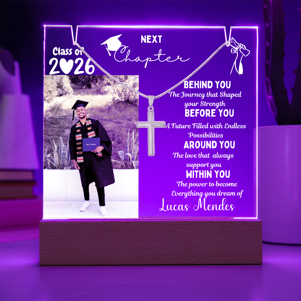Personalized plaque class of 2026 with photo & cross necklace, graduation gift for son from parents, graduate present, college High School Grad.