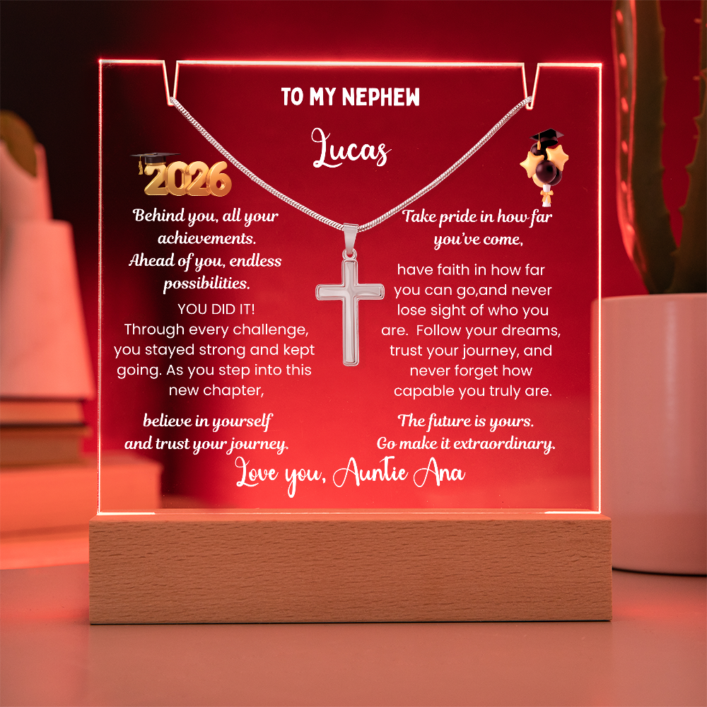 Steel cross necklace for nephew, graduation gift from aunt, personalized plaque class of 2026, graduate college high school, grad present