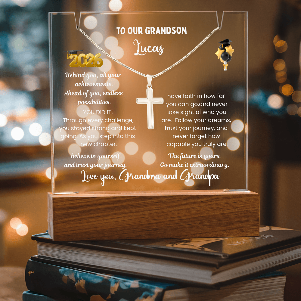 Personalized LED Acrylic Plaque with Cross Necklace, Class of 2026 graduation gift for Grandson, graduate present, grad college high school jewelry.