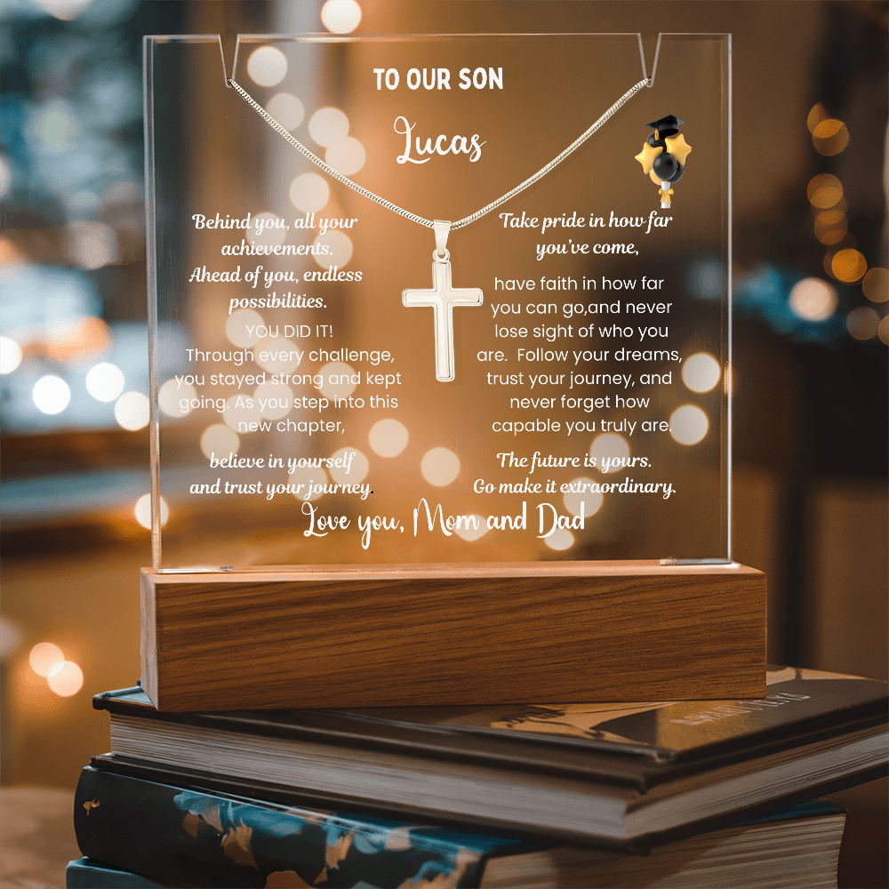 class of 2026 Graduation Gift for son, Personalized LED Acrylic Plaque with Cross Necklace, graduate college high school, grad present.