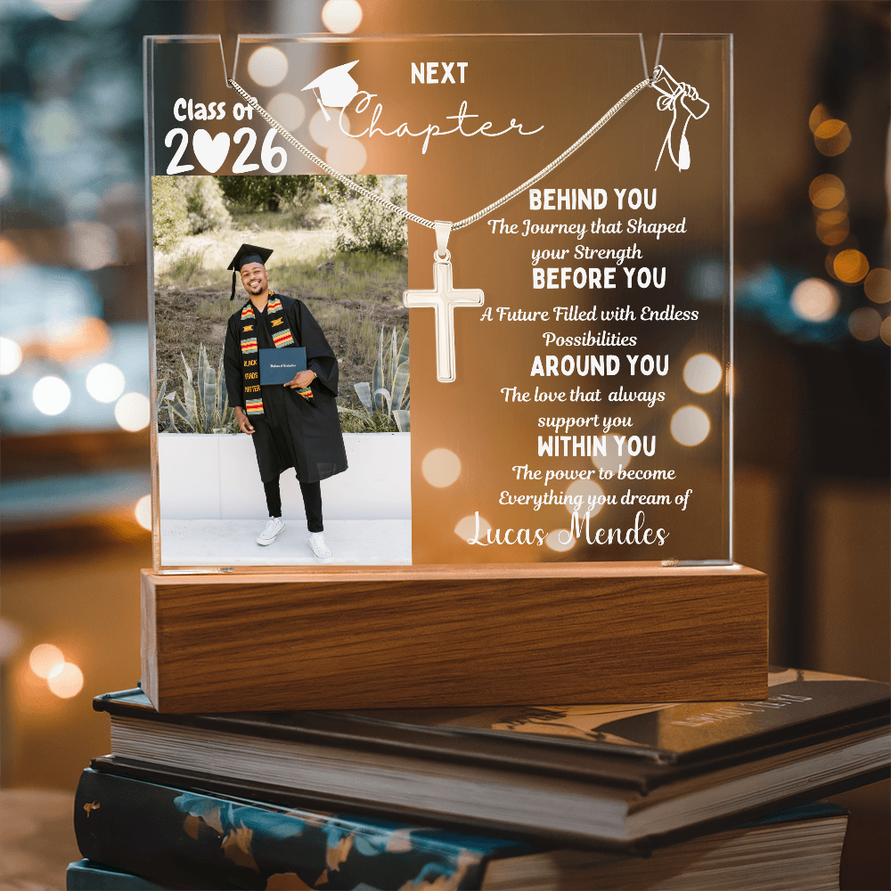 Personalized plaque class of 2026 with photo & cross necklace, graduation gift for son from parents, graduate present, college High School Grad.