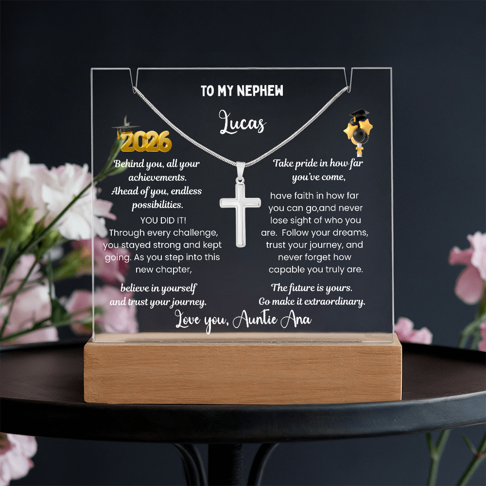 Steel cross necklace for nephew, graduation gift from aunt, personalized plaque class of 2026, graduate college high school, grad present
