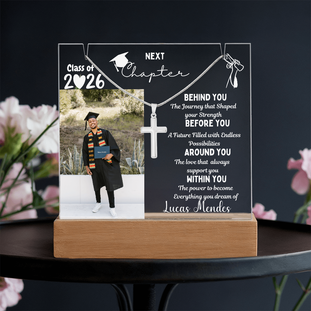 Personalized steel cross necklace for nephew, Personalized plaque class of 2026, graduation gift from Aunt, graduate present, College High School Grad.