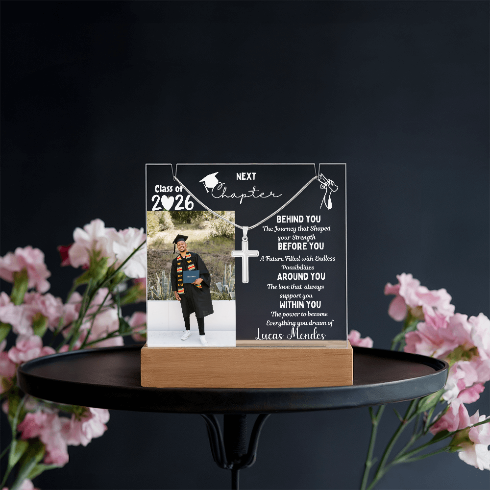 Personalized plaque class of 2026 with photo & cross necklace, graduation gift for son from parents, graduate present, college High School Grad.
