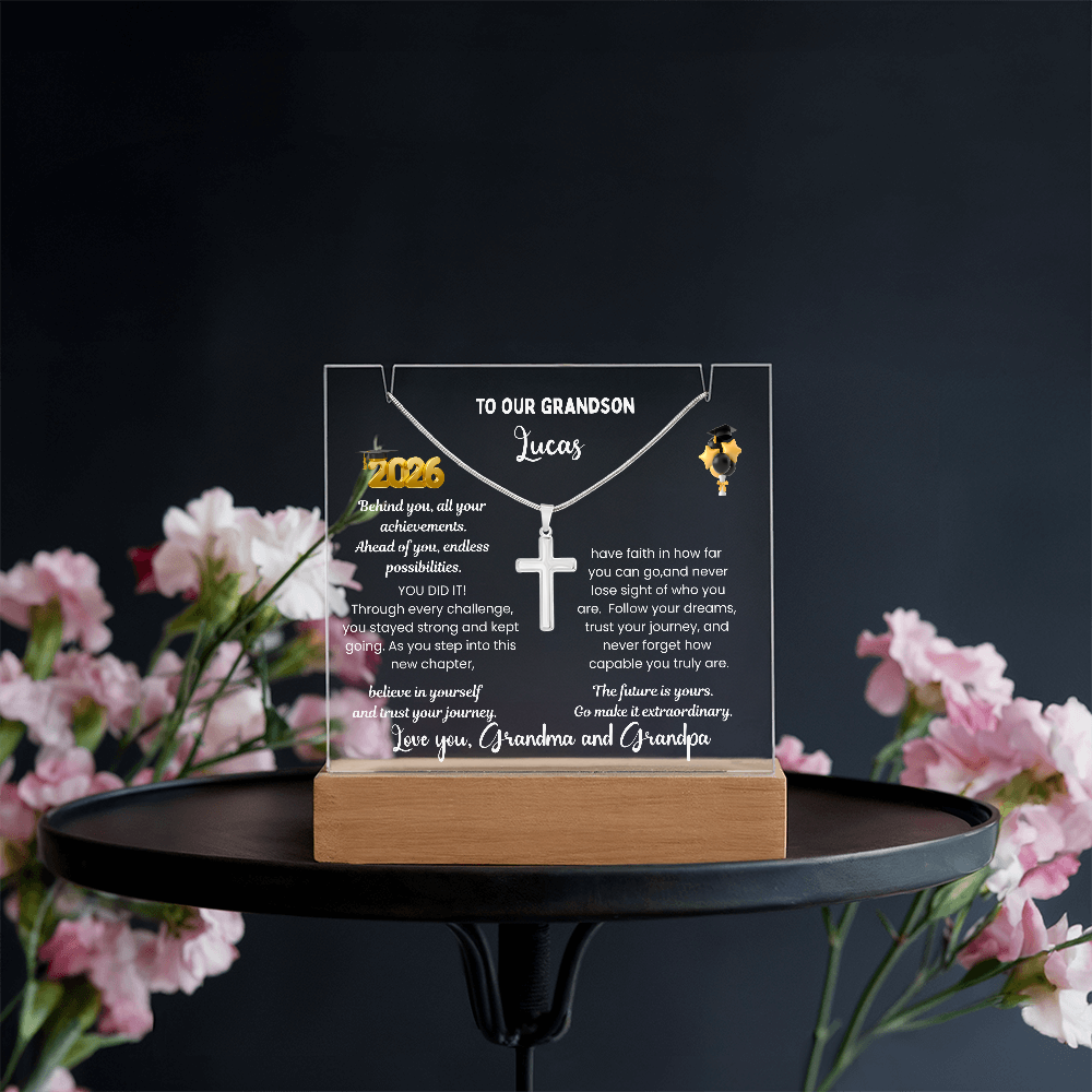 Personalized LED Acrylic Plaque with Cross Necklace, Class of 2026 graduation gift for Grandson, graduate present, grad college high school jewelry.