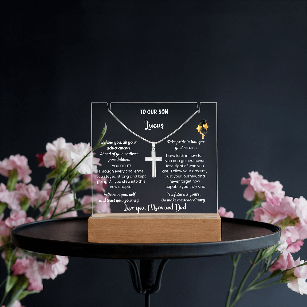 class of 2026 Graduation Gift for son, Personalized LED Acrylic Plaque with Cross Necklace, graduate college high school, grad present.
