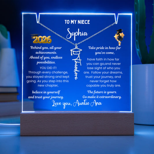 Class of 2026 graduate gift  from aunt, personalized Photo plaque & Name necklace, niece jewelry grad present, College High School graduation gift.