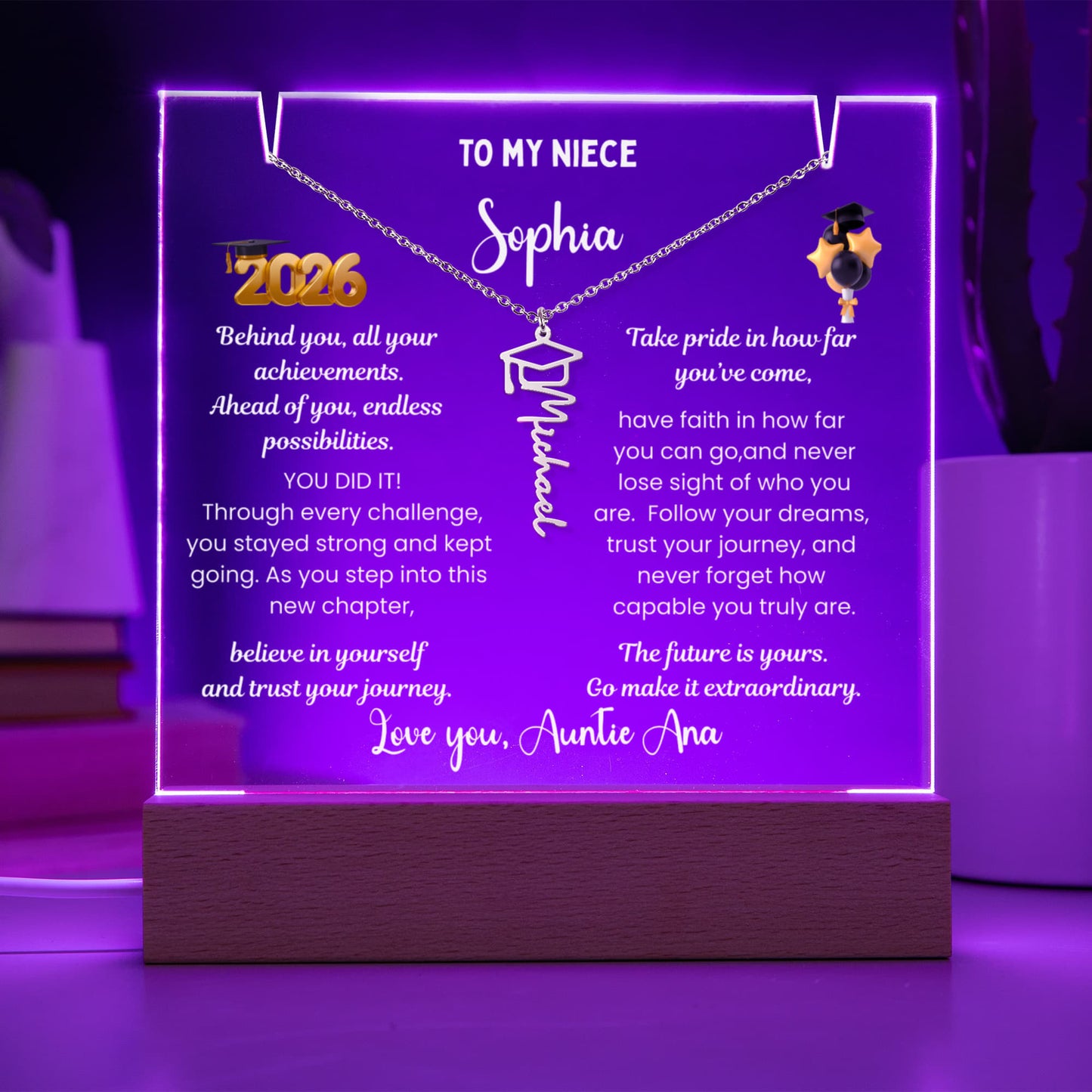 Class of 2026 graduate gift  from aunt, personalized Photo plaque & Name necklace, niece jewelry grad present, College High School graduation gift.
