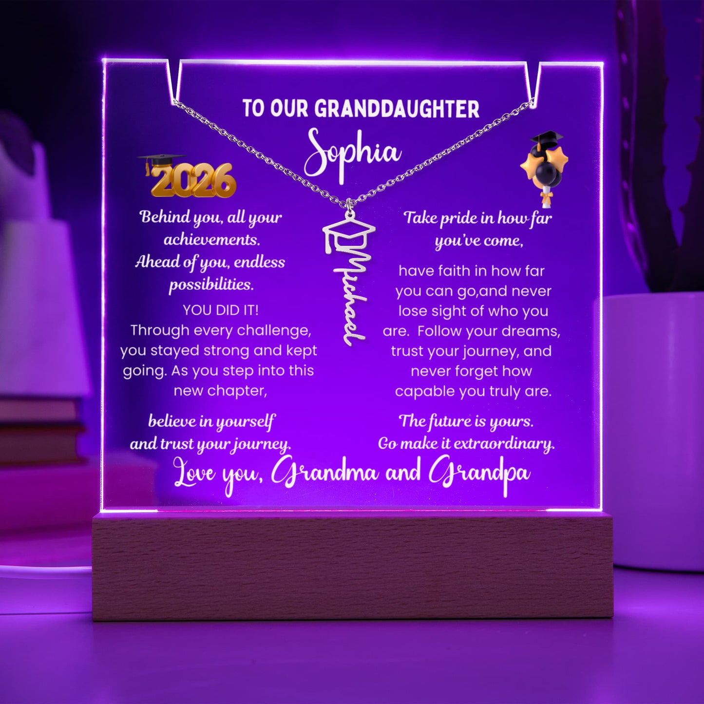 Graduation gift from grandparents, Custom Name jewelry for her & Personalized plaque Class of 2026, graduate present from Gigi, College High School Grad.