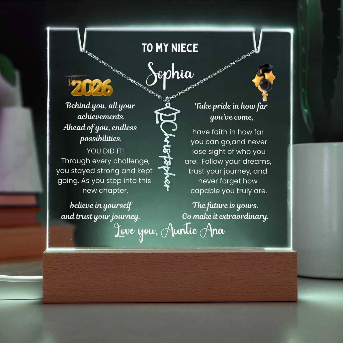 Class of 2026 graduate gift  from aunt, personalized Photo plaque & Name necklace, niece jewelry grad present, College High School graduation gift.