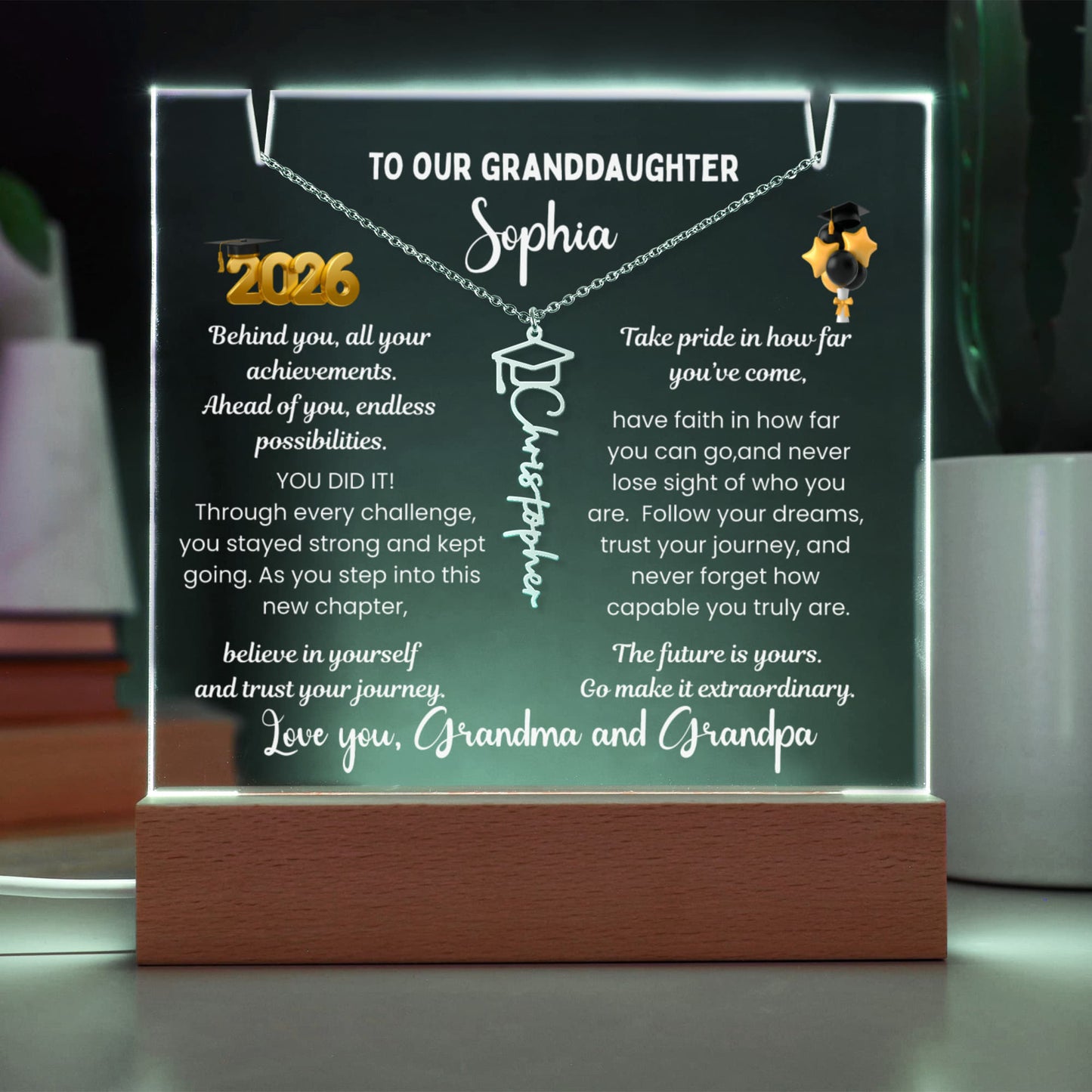 Graduation gift from grandparents, Custom Name jewelry for her & Personalized plaque Class of 2026, graduate present from Gigi, College High School Grad.