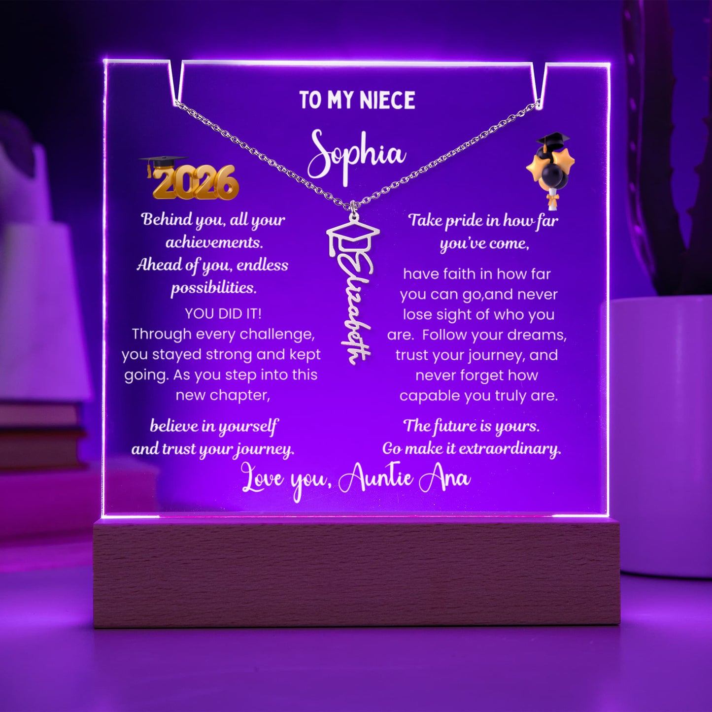 Class of 2026 graduate gift  from aunt, personalized Photo plaque & Name necklace, niece jewelry grad present, College High School graduation gift.